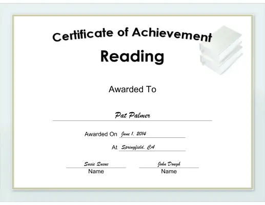 Achievement in Reading certificate