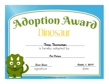 Adoption Award Dinosaur certificate