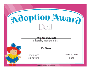 Adoption Award Doll certificate