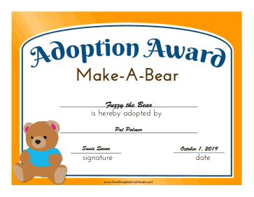 Adoption Award Make-A-Bear certificate