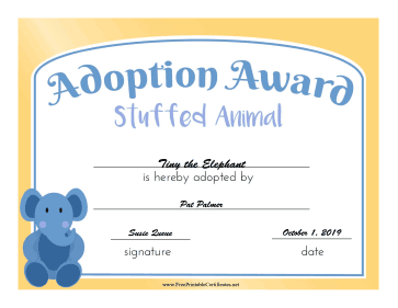 Adoption Award Stuffed Animal certificate