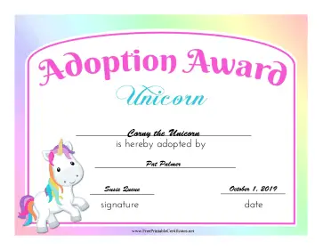 Adoption Award Unicorn certificate