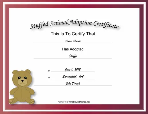 Adoption Certificate Stuffed Animal Bear Academic certificate