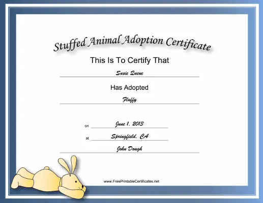 Adoption Certificate Stuffed Animal Bunny Academic certificate