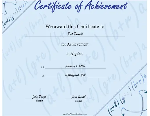 Algebra certificate