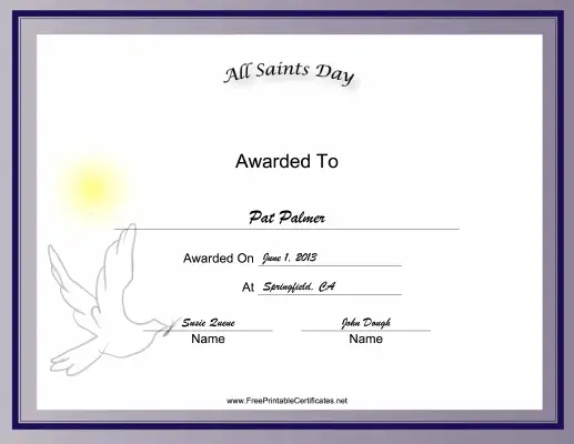 All Saints Day Holiday certificate