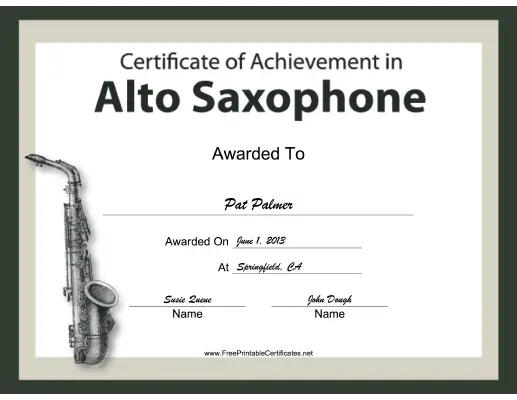 Alto Saxophone Instrumental Music certificate