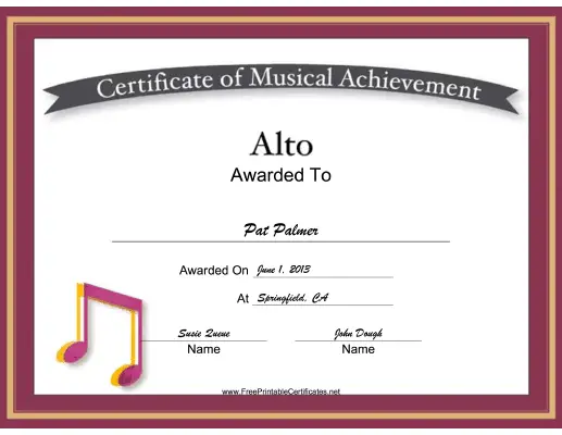 Alto Vocal Music certificate