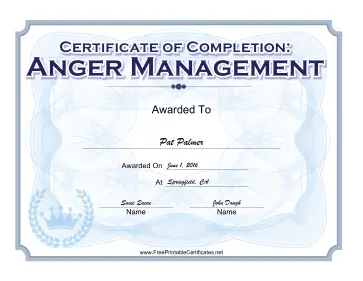 Anger Management Completion certificate