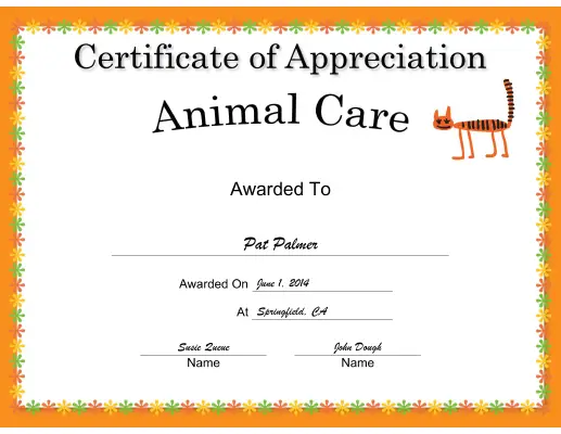 Animal Care Appreciation Cat certificate