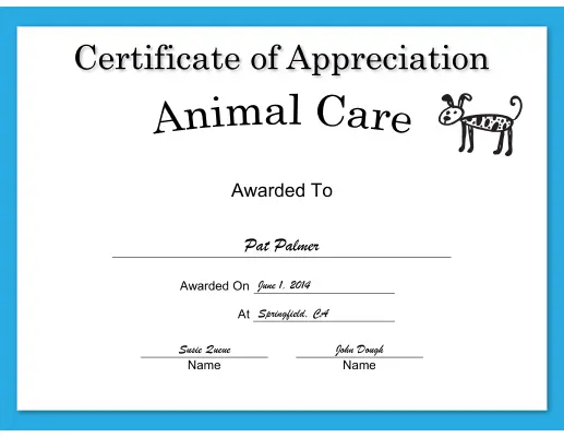 Animal Care Appreciation Dog certificate