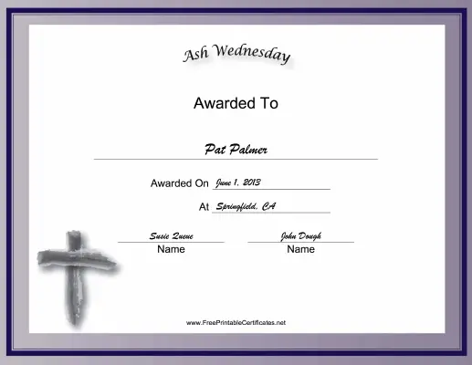 Ash Wednesday Holiday certificate