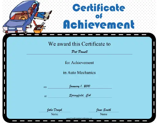 Auto Mechanics certificate