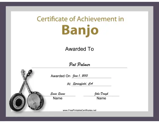 Banjo Instrumental Music certificate
