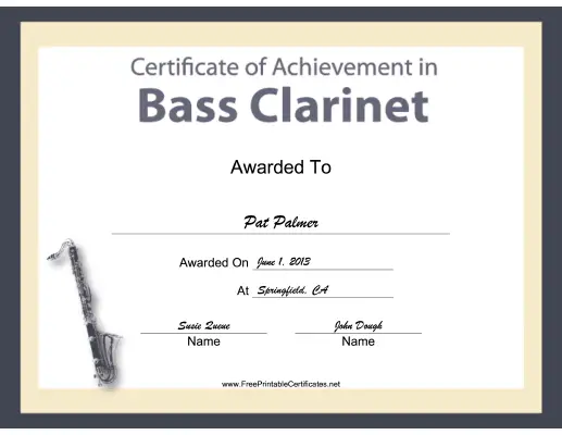Bass Clarinet Instrumental Music certificate
