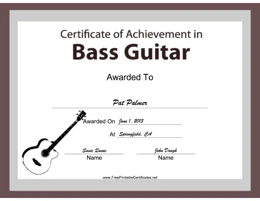 Bass Guitar Instrumental Music certificate