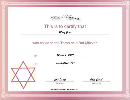 Bat Mitzvah certificate