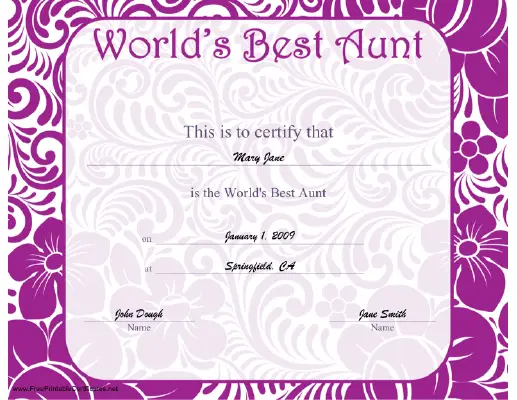 World's Best Aunt certificate