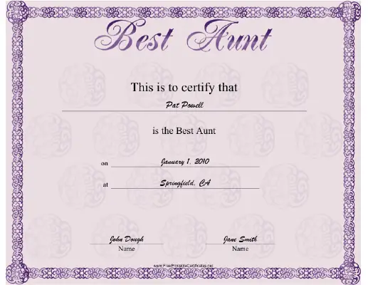 Best Aunt certificate