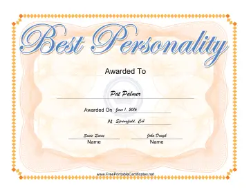 Best Personality Yearbook certificate