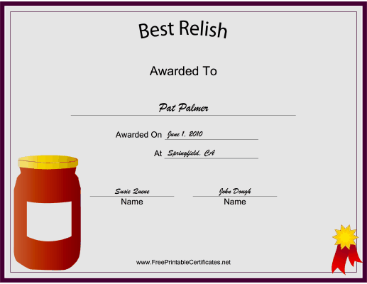 Best Relish certificate