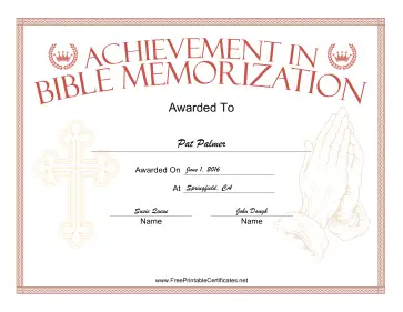 Bible Memorization Prayer certificate