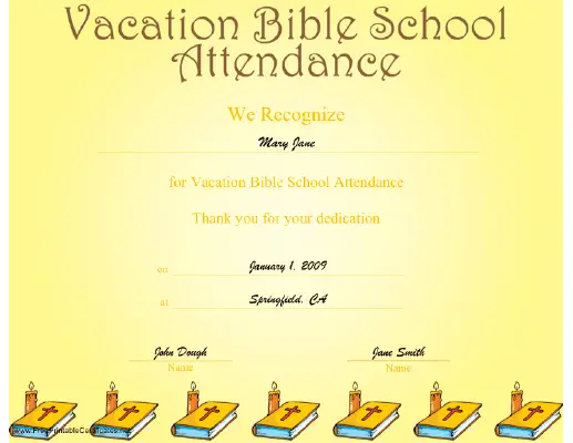 Vacation Bible School Attendance certificate