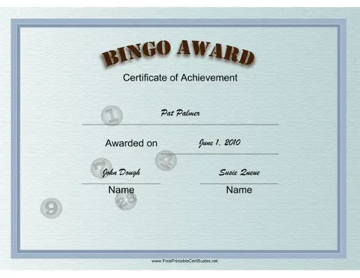 Bingo Award certificate