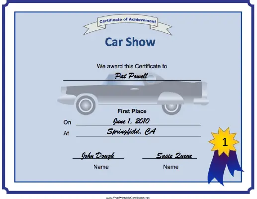 Car Show 1st Place certificate
