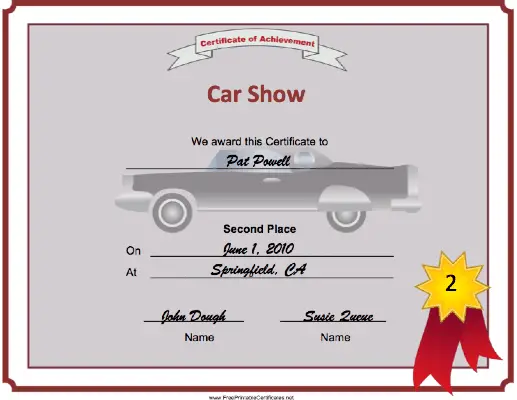 Car Show 2nd Place certificate