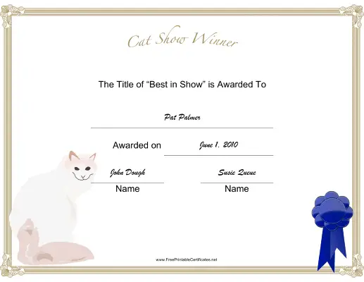 Cat Show Winner certificate