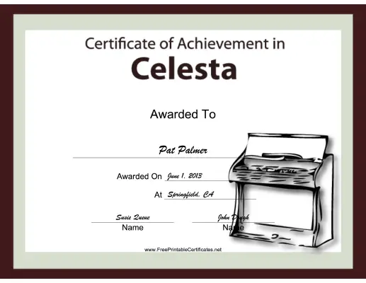 Celesta Instrumental Music certificate