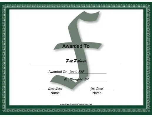 F Monogram certificate