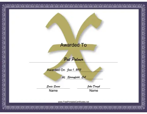 X Monogram certificate