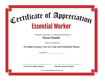 Certificate Of Appreciation Essential Worker certificate