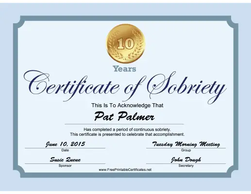 10 Years Sobriety Certificate (Blue) certificate