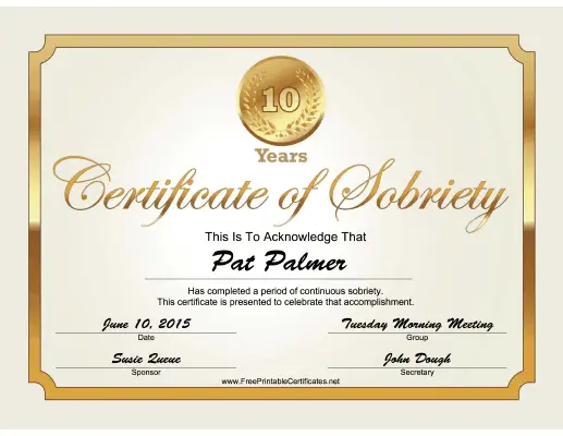 10 Years Sobriety Certificate (Gold) certificate