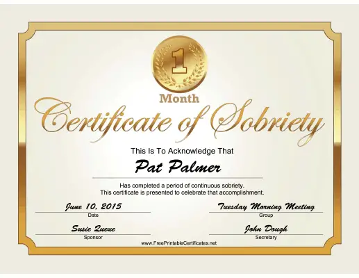 1 Month Sobriety Certificate (Gold) certificate