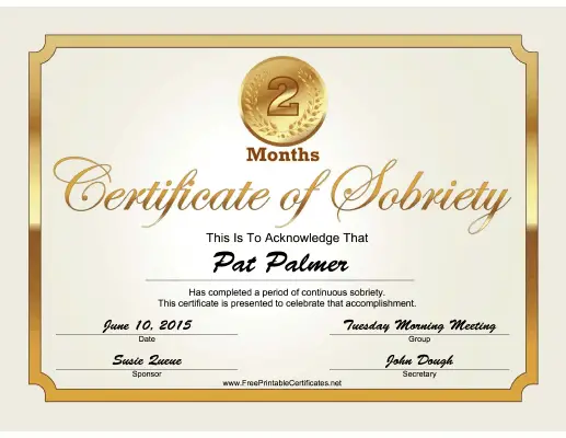 2 Months Sobriety Certificate (Gold) certificate