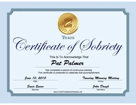 2 Years Sobriety Certificate (Blue) certificate