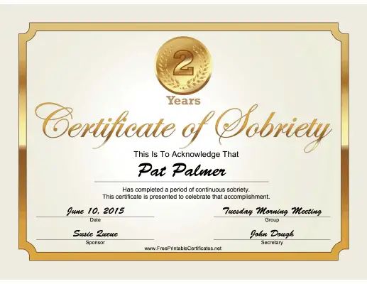 2 Years Sobriety Certificate (Gold) certificate