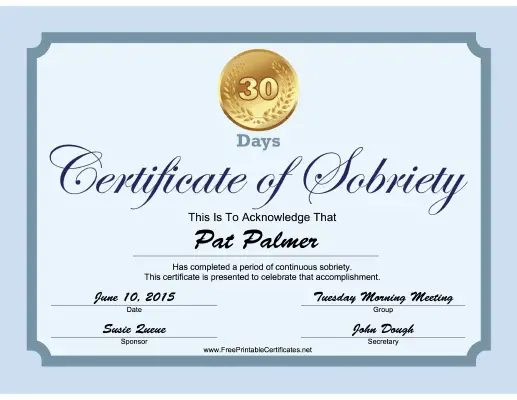 30 Days Sobriety Certificate (Blue) certificate