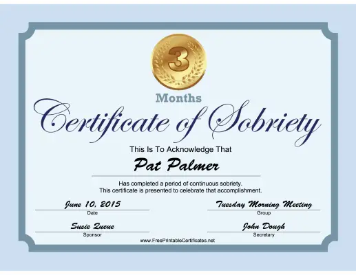 3 Months Sobriety Certificate (Blue) certificate