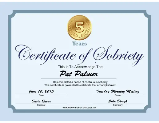 5 Years Sobriety Certificate (Blue) certificate