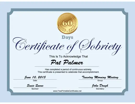 60 Days Sobriety Certificate (Blue) certificate