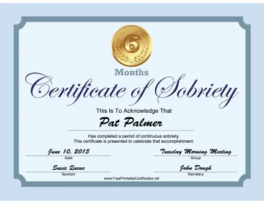 6 Months Sobriety Certificate (Blue) certificate
