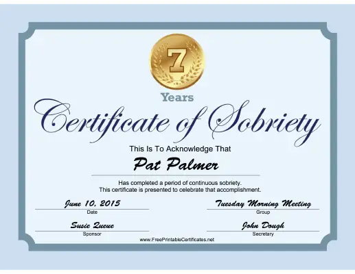 7 Years Sobriety Certificate (Blue) certificate