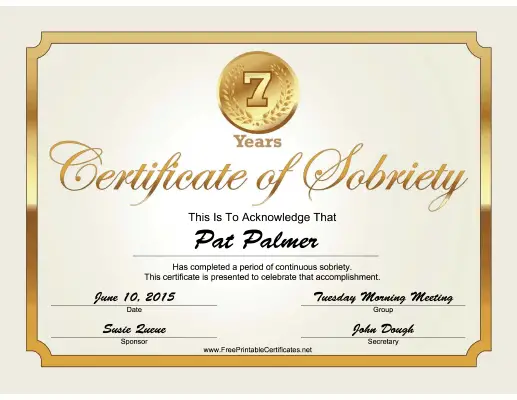 7 Years Sobriety Certificate (Gold) certificate