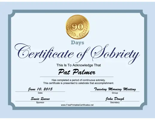 90 Days Sobriety Certificate (Blue) certificate