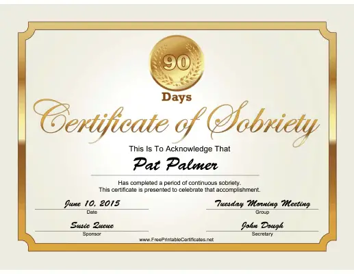 90 Days Sobriety Certificate (Gold) certificate